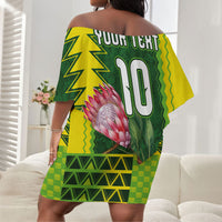 Custom South Africa National Football Off Shoulder Short Dress King Protea with African Tribal Geometric Pattern Culture Art