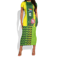Custom South Africa National Football Short Sleeve Bodycon Dress King Protea with African Tribal Geometric Pattern Culture Art