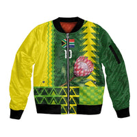 Custom South Africa National Football Sleeve Zip Bomber Jacket King Protea with African Tribal Geometric Pattern Culture Art