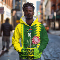 Custom South Africa National Football Zip Hoodie King Protea with African Tribal Geometric Pattern Culture Art
