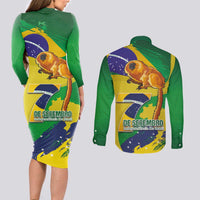 Brazil Independence Day Couples Matching Long Sleeve Bodycon Dress and Long Sleeve Button Shirt Sete de Setembro and Golden Lion Tamarin - Wonder Print Shop