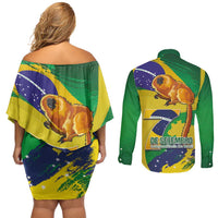 Brazil Independence Day Couples Matching Off Shoulder Short Dress and Long Sleeve Button Shirt Sete de Setembro and Golden Lion Tamarin - Wonder Print Shop