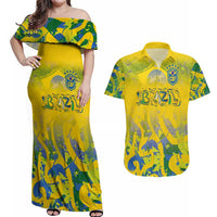Custom Brazil Football Champion 2024 Couples Matching Off Shoulder Maxi Dress and Hawaiian Shirt - Wonder Print Shop