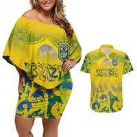 Custom Brazil Football Champion 2024 Couples Matching Off Shoulder Short Dress and Hawaiian Shirt - Wonder Print Shop