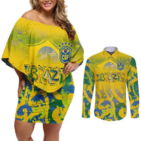 Custom Brazil Football Champion 2024 Couples Matching Off Shoulder Short Dress and Long Sleeve Button Shirt - Wonder Print Shop