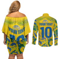 Custom Brazil Football Champion 2024 Couples Matching Off Shoulder Short Dress and Long Sleeve Button Shirt - Wonder Print Shop