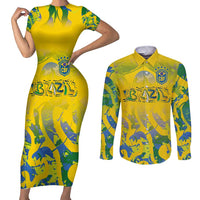 Custom Brazil Football Champion 2024 Couples Matching Short Sleeve Bodycon Dress and Long Sleeve Button Shirt - Wonder Print Shop