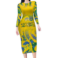 Custom Brazil Football Champion 2024 Long Sleeve Bodycon Dress - Wonder Print Shop