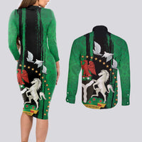 Nigeria Independence Day Couples Matching Long Sleeve Bodycon Dress and Long Sleeve Button Shirt National Seal with Peace Dove African Pattern - Wonder Print Shop