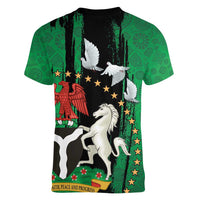 Nigeria Independence Day Women V-Neck T-Shirt National Seal with Peace Dove African Pattern - Wonder Print Shop