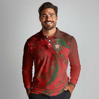 Custom Morocco National Football Long Sleeve Polo Shirt Atlas Lions Sporty Abstract Pattern - Wonder Print Shop
