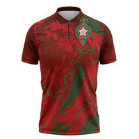 Custom Morocco National Football Zipper Polo Shirt Atlas Lions Sporty Abstract Pattern - Wonder Print Shop