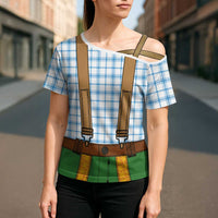 Bavarian Lederhosen Costume Style Cross Shoulder Shirt Blue Caro Pattern - Wonder Print Shop
