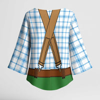 Bavarian Lederhosen Costume Style Kimono Sleeve Blouse Blue Caro Pattern - Wonder Print Shop