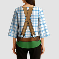 Bavarian Lederhosen Costume Style Kimono Sleeve Blouse Blue Caro Pattern - Wonder Print Shop