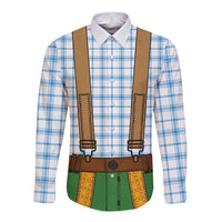 Bavarian Lederhosen Costume Style Long Sleeve Button Shirt Blue Caro Pattern - Wonder Print Shop