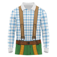 Bavarian Lederhosen Costume Style Long Sleeve Polo Shirt Blue Caro Pattern - Wonder Print Shop