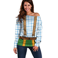 Bavarian Lederhosen Costume Style Off Shoulder Sweater Blue Caro Pattern - Wonder Print Shop