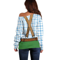 Bavarian Lederhosen Costume Style Off Shoulder Sweater Blue Caro Pattern - Wonder Print Shop