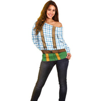 Bavarian Lederhosen Costume Style Off Shoulder Sweater Blue Caro Pattern - Wonder Print Shop