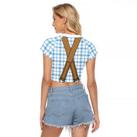 Bavarian Lederhosen Costume Style Raglan Cropped T Shirt Blue Caro Pattern - Wonder Print Shop