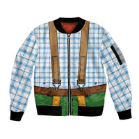 Bavarian Lederhosen Costume Style Sleeve Zip Bomber Jacket Blue Caro Pattern - Wonder Print Shop