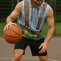 Bavarian Lederhosen Costume Style Sleeveless Hoodie Blue Caro Pattern - Wonder Print Shop