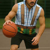 Bavarian Lederhosen Costume Style Sleeveless Zip Hoodie Blue Caro Pattern - Wonder Print Shop