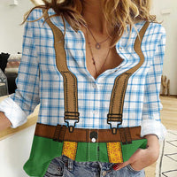 Bavarian Lederhosen Costume Style Women Casual Shirt Blue Caro Pattern - Wonder Print Shop
