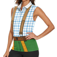 Bavarian Lederhosen Costume Style Women Sleeveless Polo Shirt Blue Caro Pattern - Wonder Print Shop