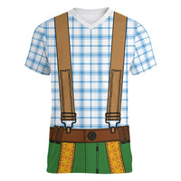 Bavarian Lederhosen Costume Style Women V-Neck T-Shirt Blue Caro Pattern - Wonder Print Shop
