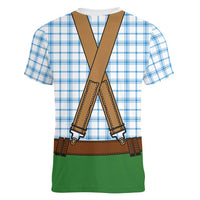 Bavarian Lederhosen Costume Style Women V-Neck T-Shirt Blue Caro Pattern - Wonder Print Shop
