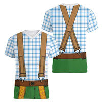 Bavarian Lederhosen Costume Style Women V-Neck T-Shirt Blue Caro Pattern - Wonder Print Shop