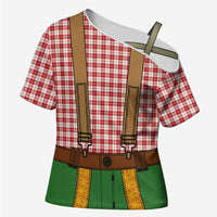 Bavarian Lederhosen Costume Style Cross Shoulder Shirt Red Caro Pattern - Wonder Print Shop