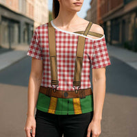 Bavarian Lederhosen Costume Style Cross Shoulder Shirt Red Caro Pattern - Wonder Print Shop