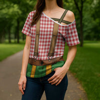 Bavarian Lederhosen Costume Style Cross Shoulder Shirt Red Caro Pattern - Wonder Print Shop