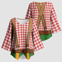 Bavarian Lederhosen Costume Style Kimono Sleeve Blouse Red Caro Pattern - Wonder Print Shop