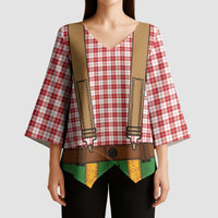 Bavarian Lederhosen Costume Style Kimono Sleeve Blouse Red Caro Pattern - Wonder Print Shop