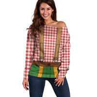 Bavarian Lederhosen Costume Style Off Shoulder Sweater Red Caro Pattern - Wonder Print Shop