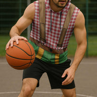 Bavarian Lederhosen Costume Style Sleeveless Hoodie Red Caro Pattern - Wonder Print Shop