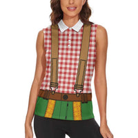 Bavarian Lederhosen Costume Style Women Sleeveless Polo Shirt Red Caro Pattern - Wonder Print Shop