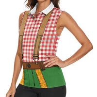 Bavarian Lederhosen Costume Style Women Sleeveless Polo Shirt Red Caro Pattern - Wonder Print Shop