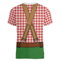 Bavarian Lederhosen Costume Style Women V-Neck T-Shirt Red Caro Pattern - Wonder Print Shop
