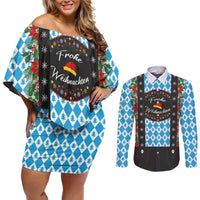 German Christmas Couples Matching Off Shoulder Short Dress and Long Sleeve Button Shirt Lederhosen Weihnachten Style with Bavaria Pattern - Wonder Print Shop