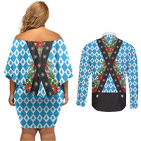 German Christmas Couples Matching Off Shoulder Short Dress and Long Sleeve Button Shirt Lederhosen Weihnachten Style with Bavaria Pattern - Wonder Print Shop