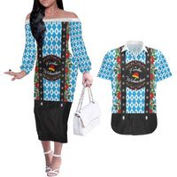 German Christmas Couples Matching Off The Shoulder Long Sleeve Dress and Hawaiian Shirt Lederhosen Weihnachten Style with Bavaria Pattern - Wonder Print Shop