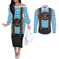 German Christmas Couples Matching Off The Shoulder Long Sleeve Dress and Long Sleeve Button Shirt Lederhosen Weihnachten Style with Bavaria Pattern