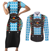German Christmas Couples Matching Short Sleeve Bodycon Dress and Long Sleeve Button Shirt Lederhosen Weihnachten Style with Bavaria Pattern - Wonder Print Shop