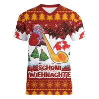 Swiss Santa Plays The Alphorn Christmas Women V-Neck T-Shirt The Matterhorn with Christmas Elements - Wonder Print Shop