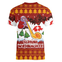 Swiss Santa Plays The Alphorn Christmas Women V-Neck T-Shirt The Matterhorn with Christmas Elements - Wonder Print Shop